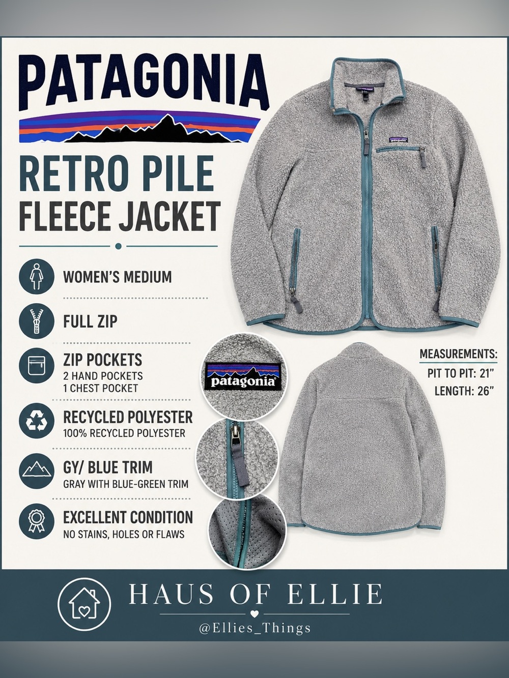 Patagonia Retro Pile Fleece Jacket Gray Full Zip Womens Medium